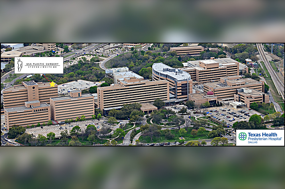 Aerial view-Texas Health Presbyterian Hospital Dallas campus showing office of Dr Steven J White MD, USA Plastic Surgery Dallas 