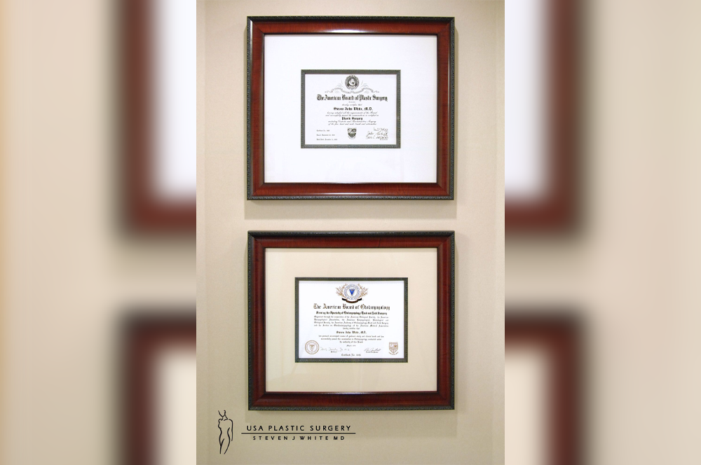 Dr Steven J White MD-Board Certifications–American Board of Plastic Surgery & American Board of Otolaryngology (ENT) 